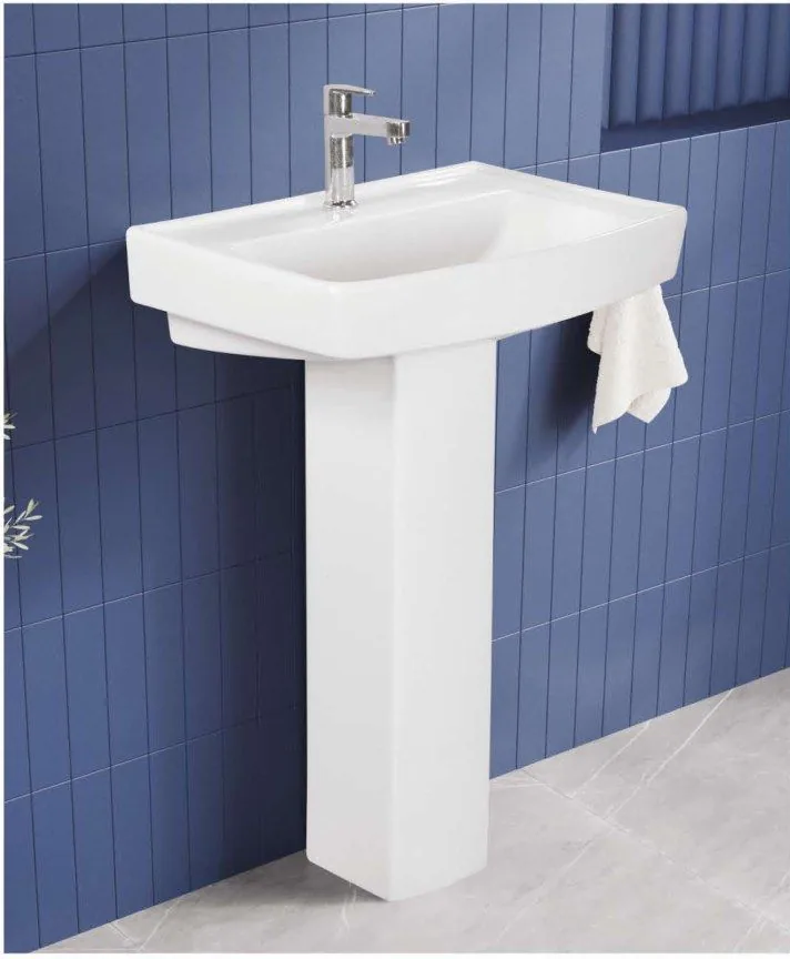 ZARA White Camry Basin + Riva Pedestal 8001 wash basin + pedestal in a bathroom setting